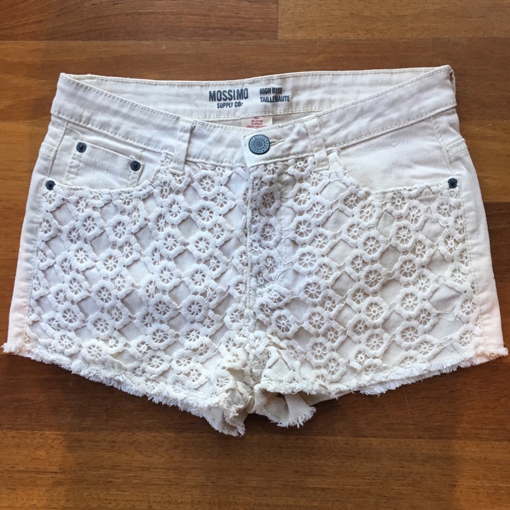 High-Waisted Denim Shorts with Crochet Overlay